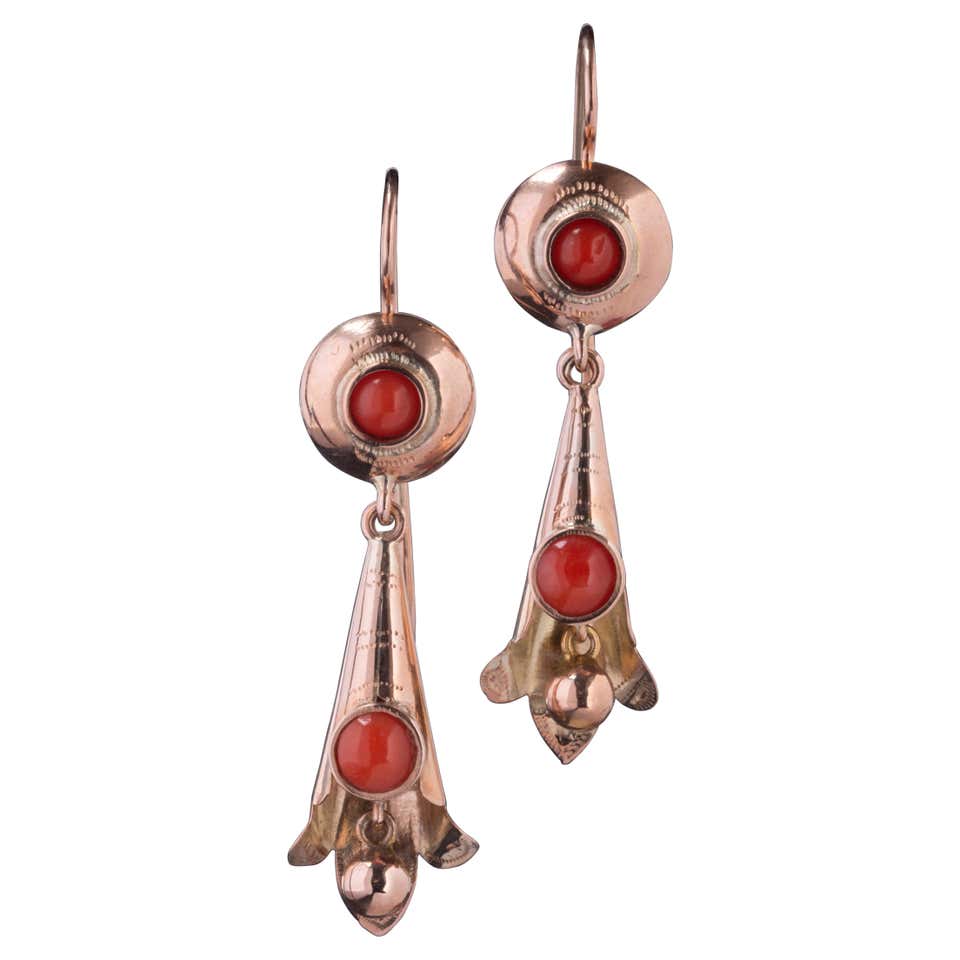 Pair of Antique Gold and Coral Earrings For Sale at 1stDibs
