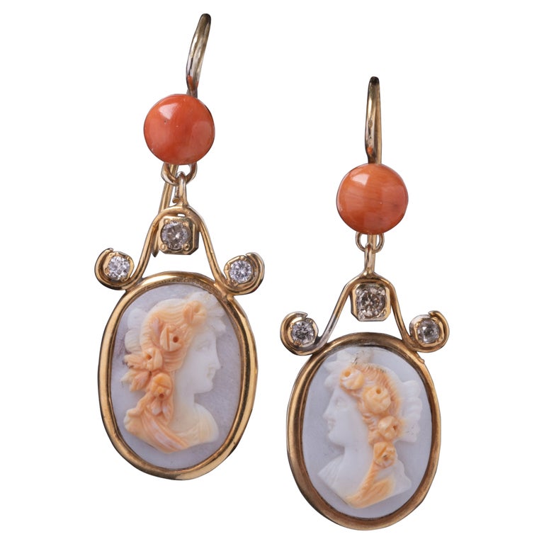 Antique Edwardian Hard Stone Cameo Earrings, Antique Coral and Diamond Earrings For Sale