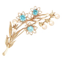 Vintage 1.61 Carat High Zircon and Pearl Yellow Gold Brooch