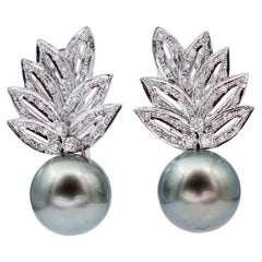 Grey Pearls, Diamonds, 14 Karat White Gold Earrings
