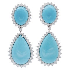 Large Turquoise, Diamonds, 18 Karat White Gold Drop Earrings