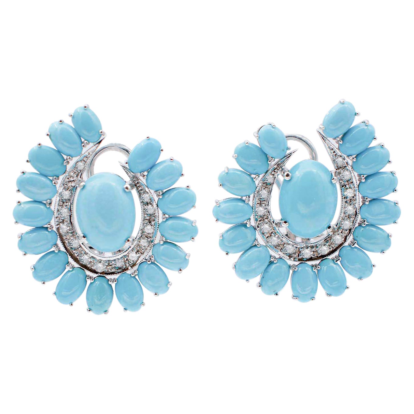 Turquoise, Diamonds, 14 Karat White Gold Stud Earrings at 1stDibs