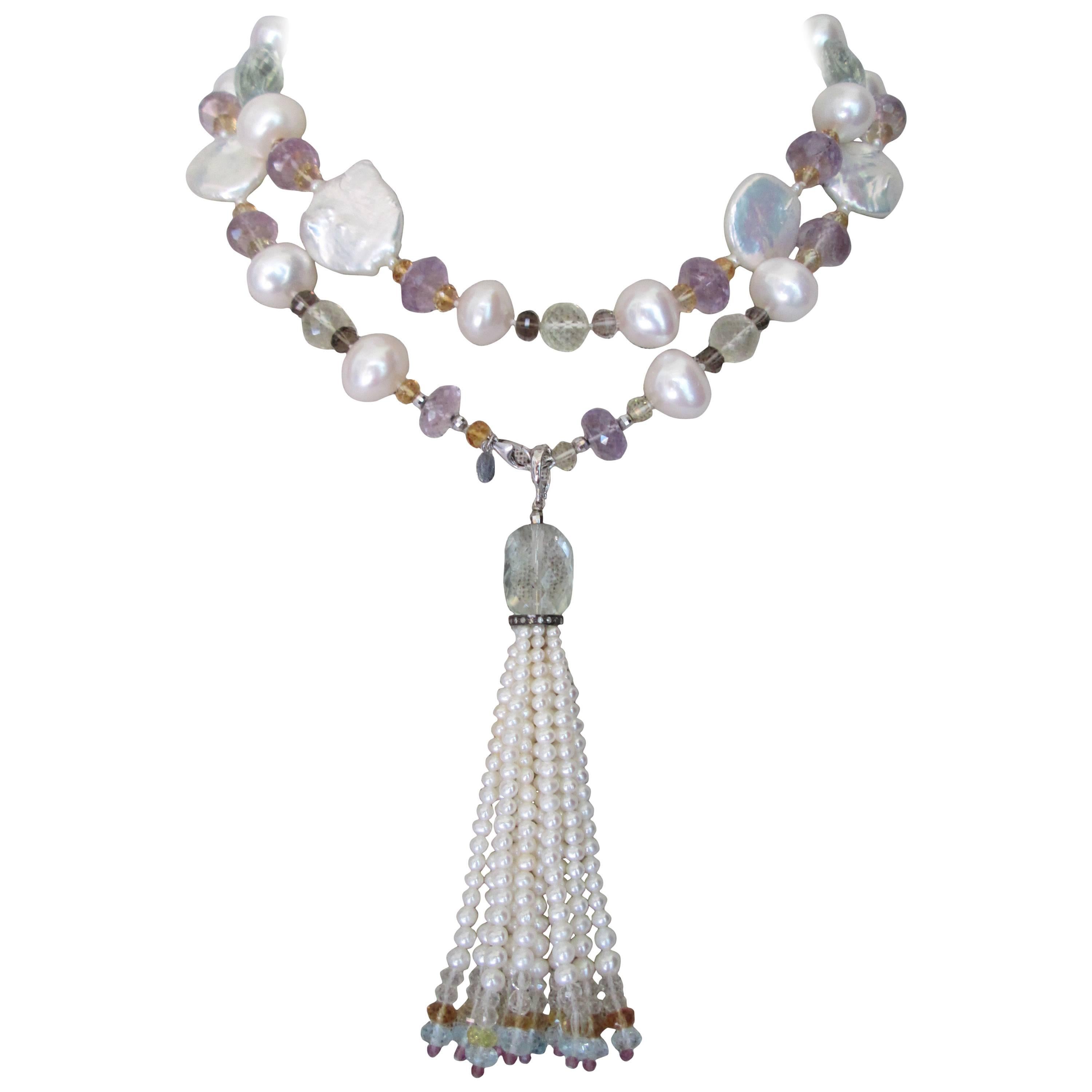 Long Pearl Lariat Necklace with Multi-color Semi-Precious Gems Marina J. 2016