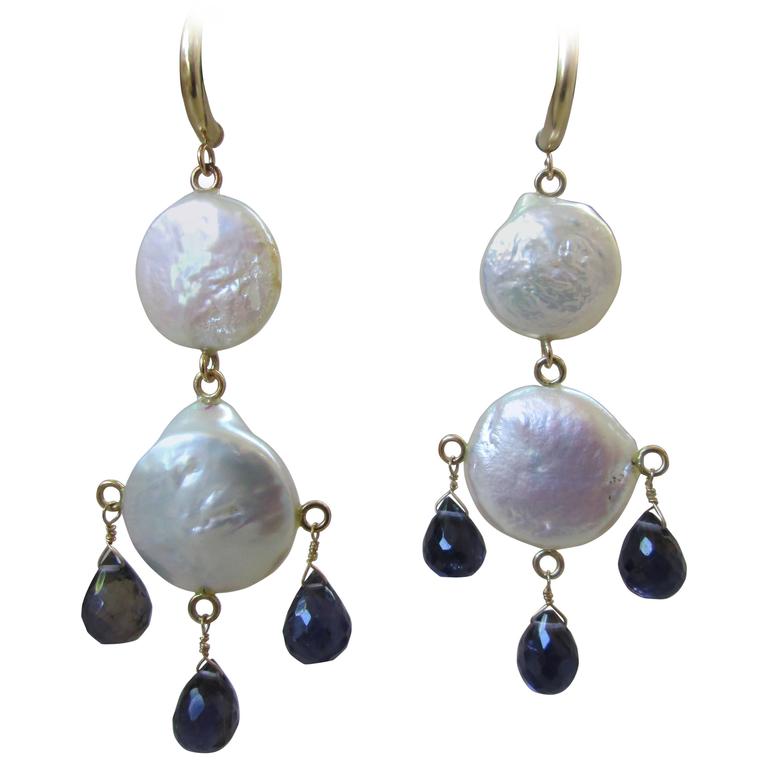 Large Double Flat Pearl and Iolite Briolette Earrings by Marina J. 2016