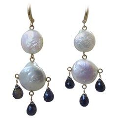 Marina J Large Double "Coin" Pears, Iolite  Briolettes and 14 k gold Earrings 