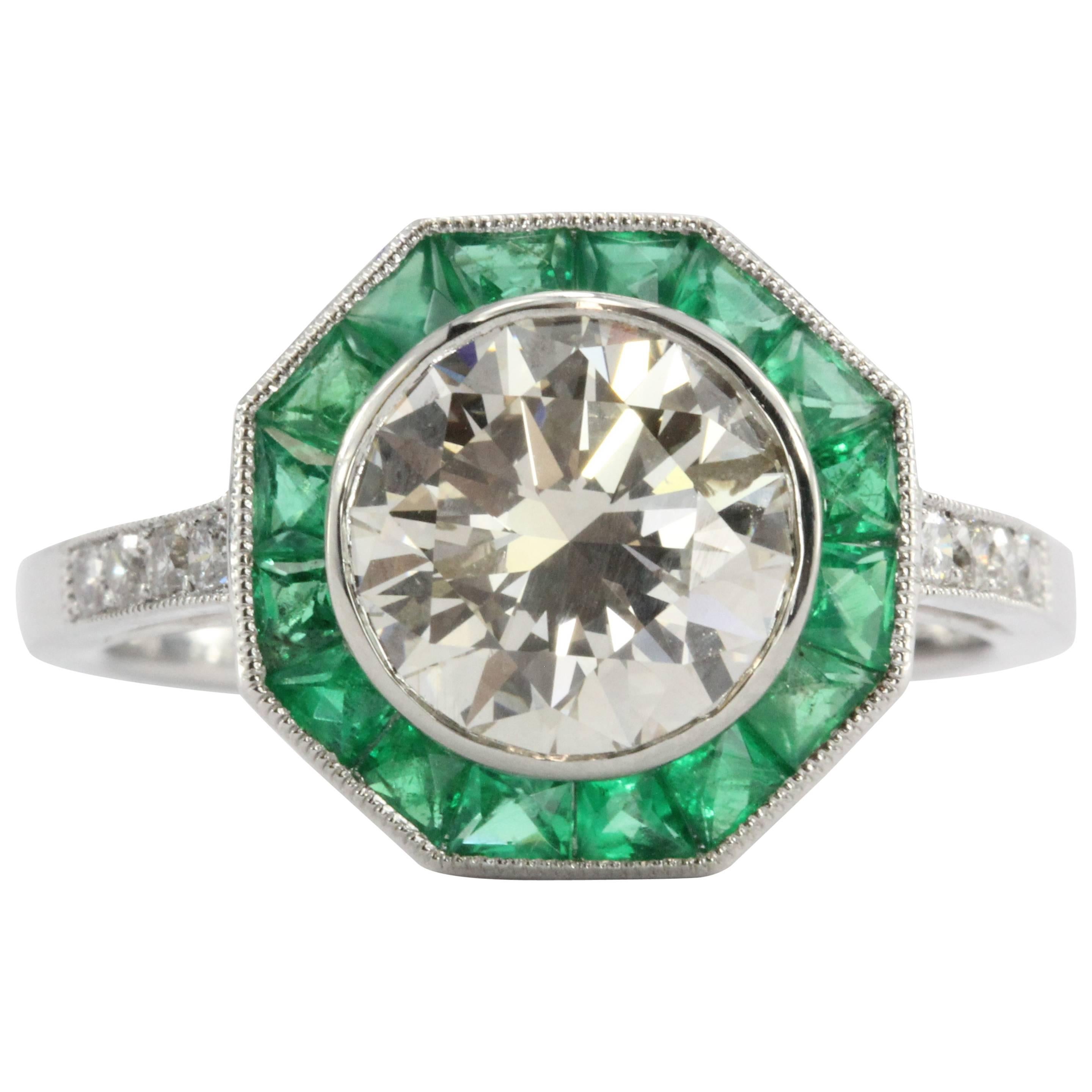 Art Deco Style 2.1 Carat Diamond Emerald Platinum Sophia D Engagement Ring