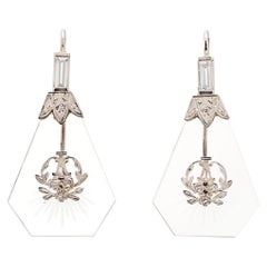Victorian Etched Crystal Baguette Diamond Drop Earrings