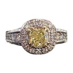 GIA Certified 1.28 Carat Fancy Light Yellow Cushion Cut Diamond Engagement Ring