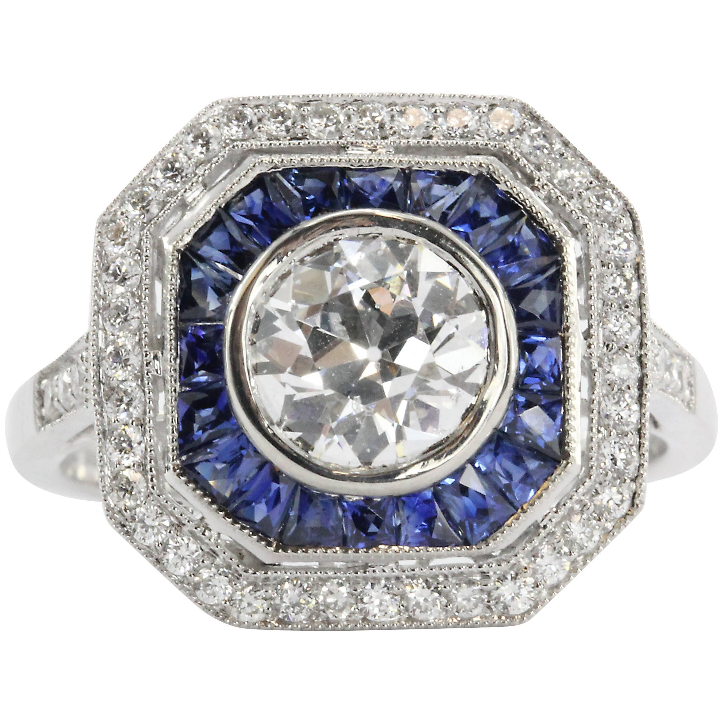  1.02 Carat GIA Cert Old European Diamond Sapphire Platinum Ring