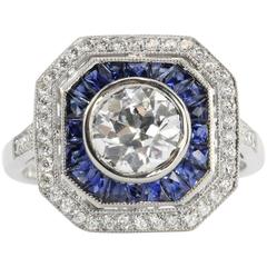 1.02 Carat GIA Cert Old European Diamond Sapphire Platinum Ring 7