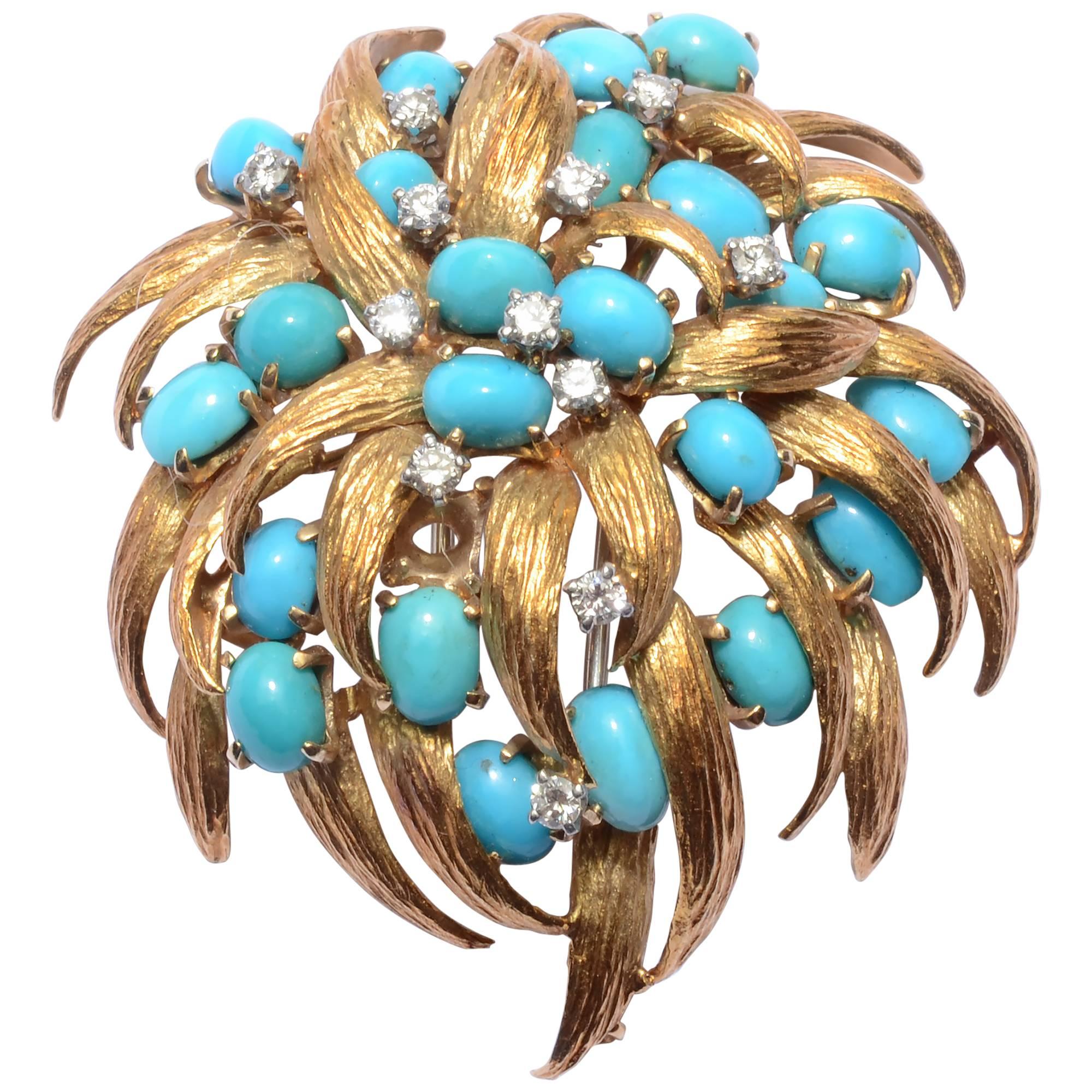 David Webb Turquoise and Diamond Brooch