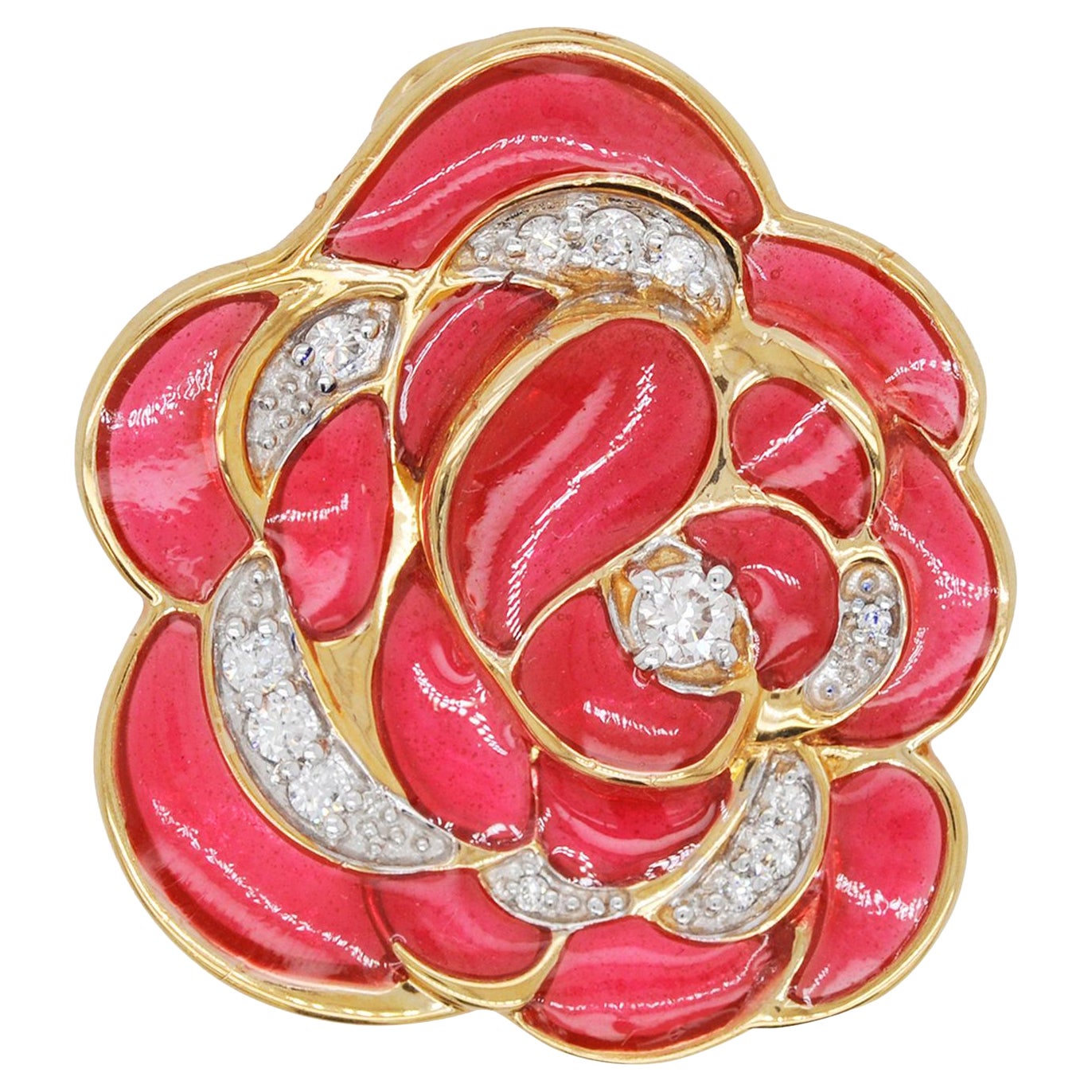 Collier pendentif lique-a-Jour en or 18 carats et émail rose en vente