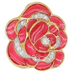 18 Karat Gold Rosa Emaille Plique-a-Jour Rose Anhänger Halskette