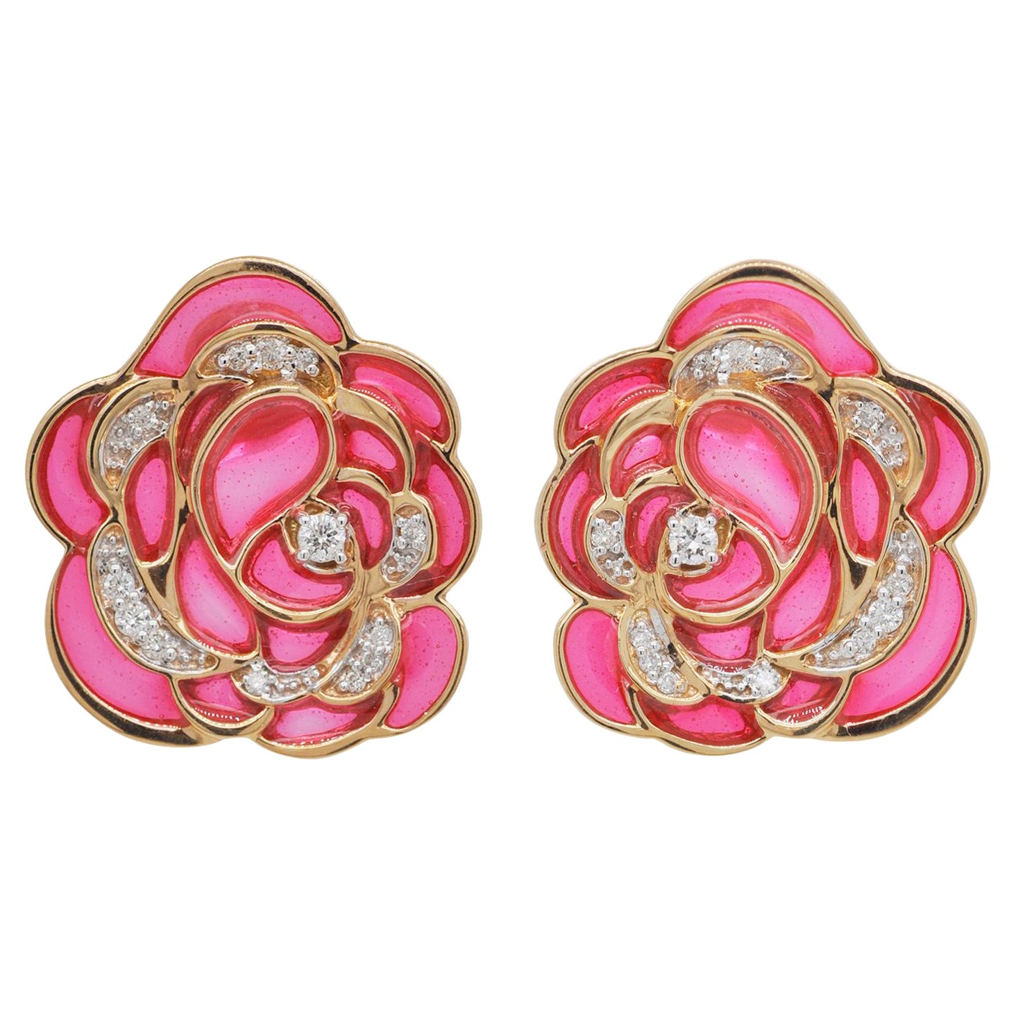 18 Karat Gold Pink Plique-A-Jour Enamel Rose Stud Earrings