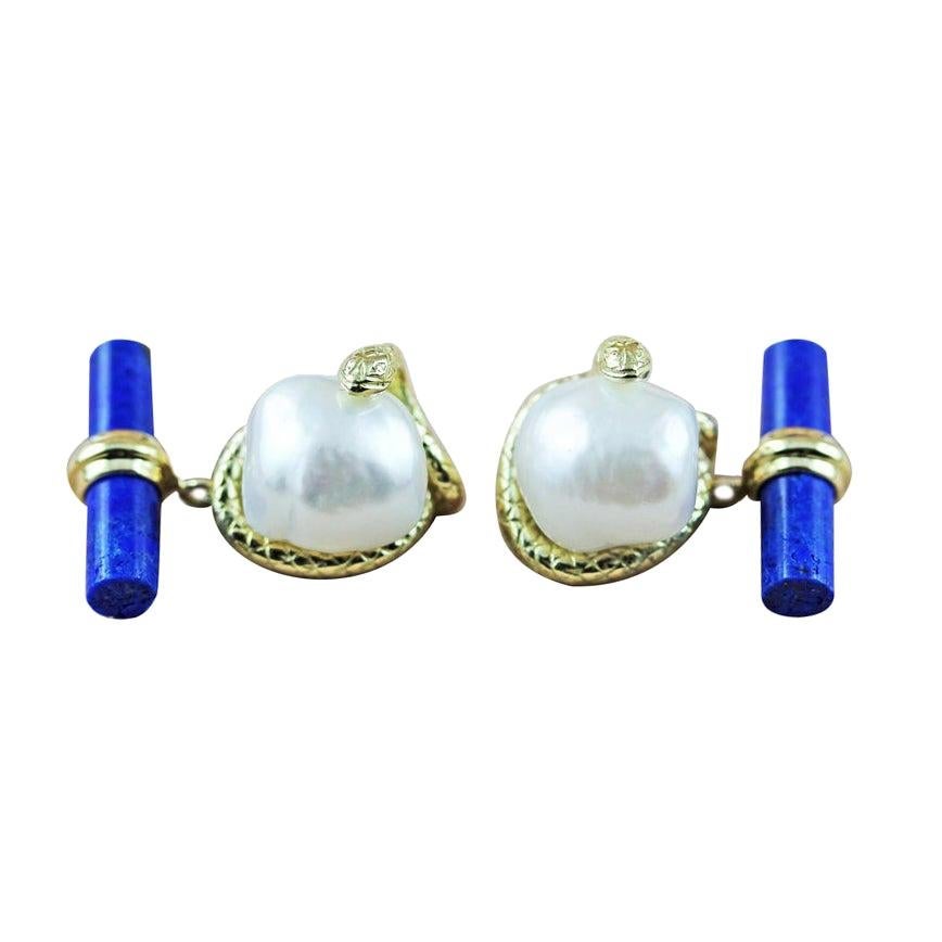 18 Karat Yellow Gold Pearl and Lapis Lazuli Snake Cufflinks For Sale