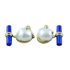 Retro 18 Karat Yellow Gold Pearl and Lapis Lazuli Snake Cufflinks