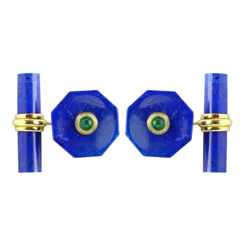 18 Karat Yellow Gold Lapis Lazuli Emeralds Octagonal Cufflinks