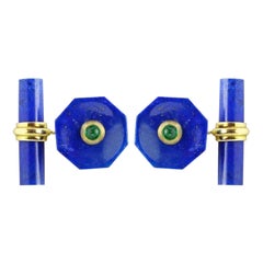 Boutons de manchette octogonaux en or jaune 18 carats, lapis-lazuli et émeraudes