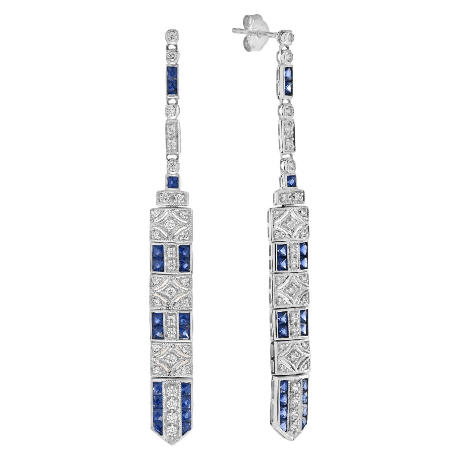 Sapphire and Diamond Bar Dangle Earrings in 14K White Gold