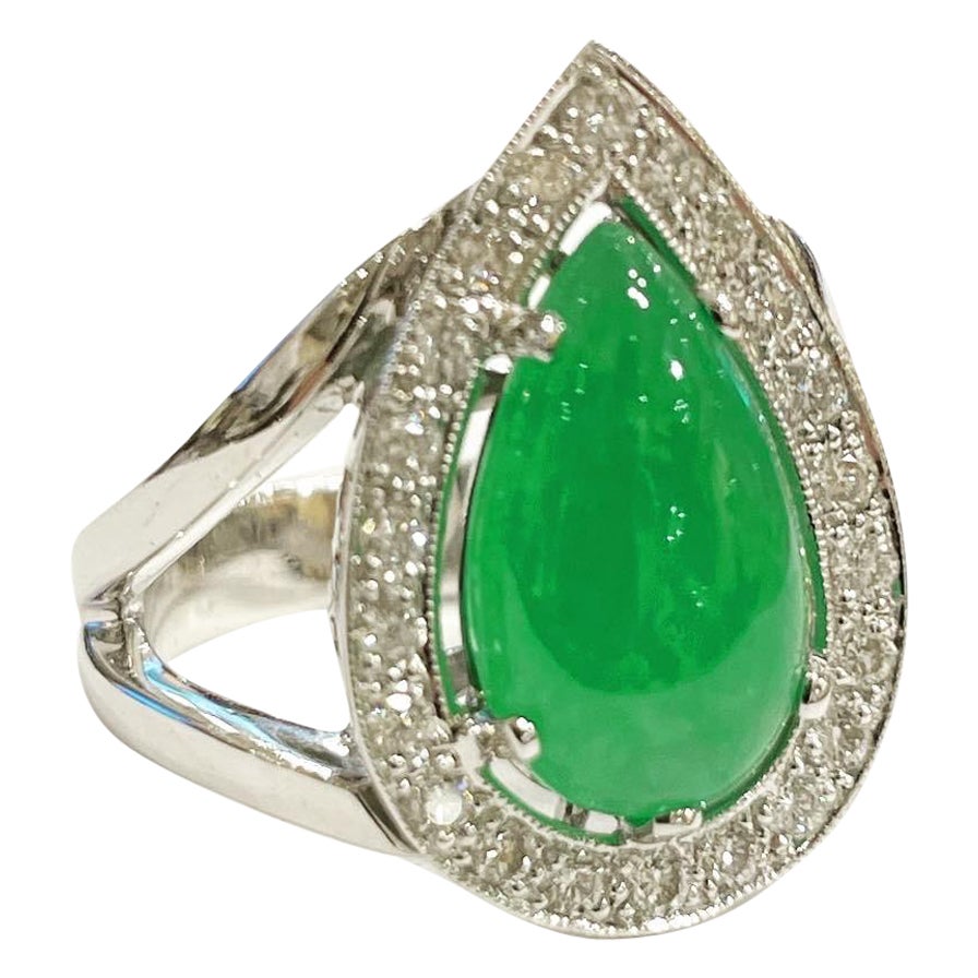 1960s, Green Jadeite Jade Diamonds Halo 18k White Gold Cluster Ring