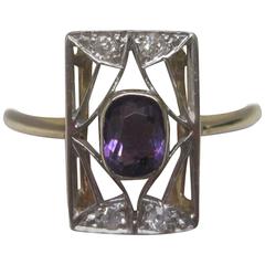 1910s Edwardian Amethyst Old Mine Cut Diamond Gold Platinum Ring 