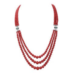 Coral, Emeralds, Diamonds, Onyx, Platinum Multi-Strands Necklace