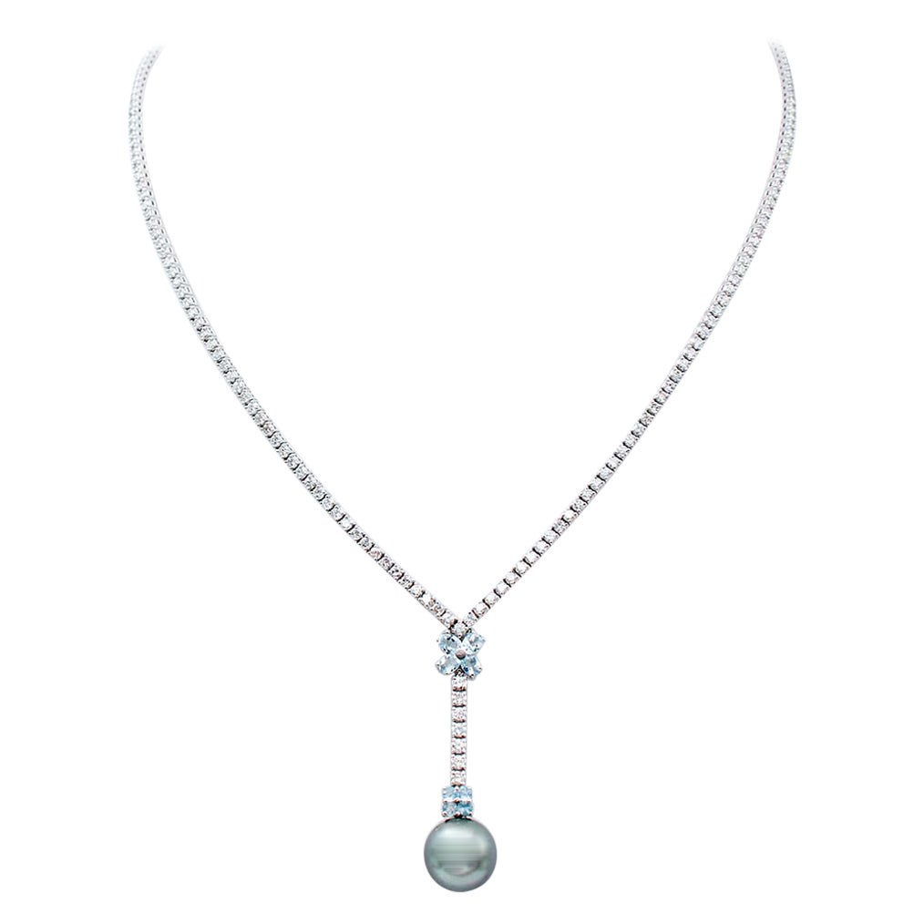 Grey Pearl, Diamonds, Aquamarine, 14 Karat White Gold Tennis Necklace