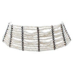 Choker-Halskette aus 9 Karat Rosgold mit Perlen, Diamanten und Silber