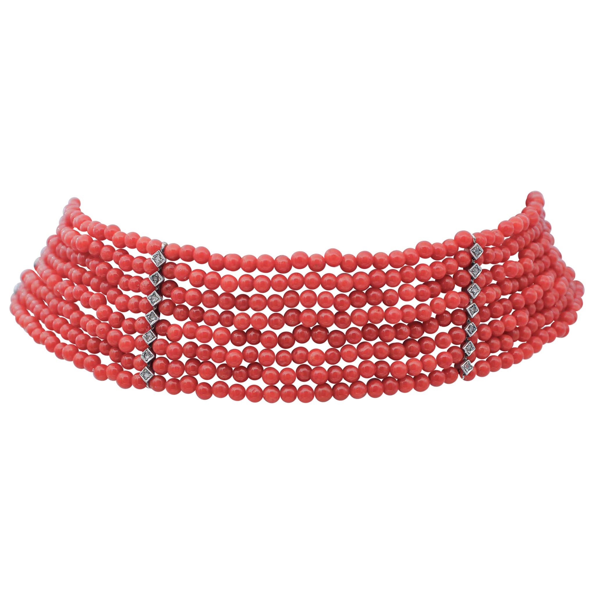 Coral, 9 Karat Rose Gold and Silver Choker Necklace