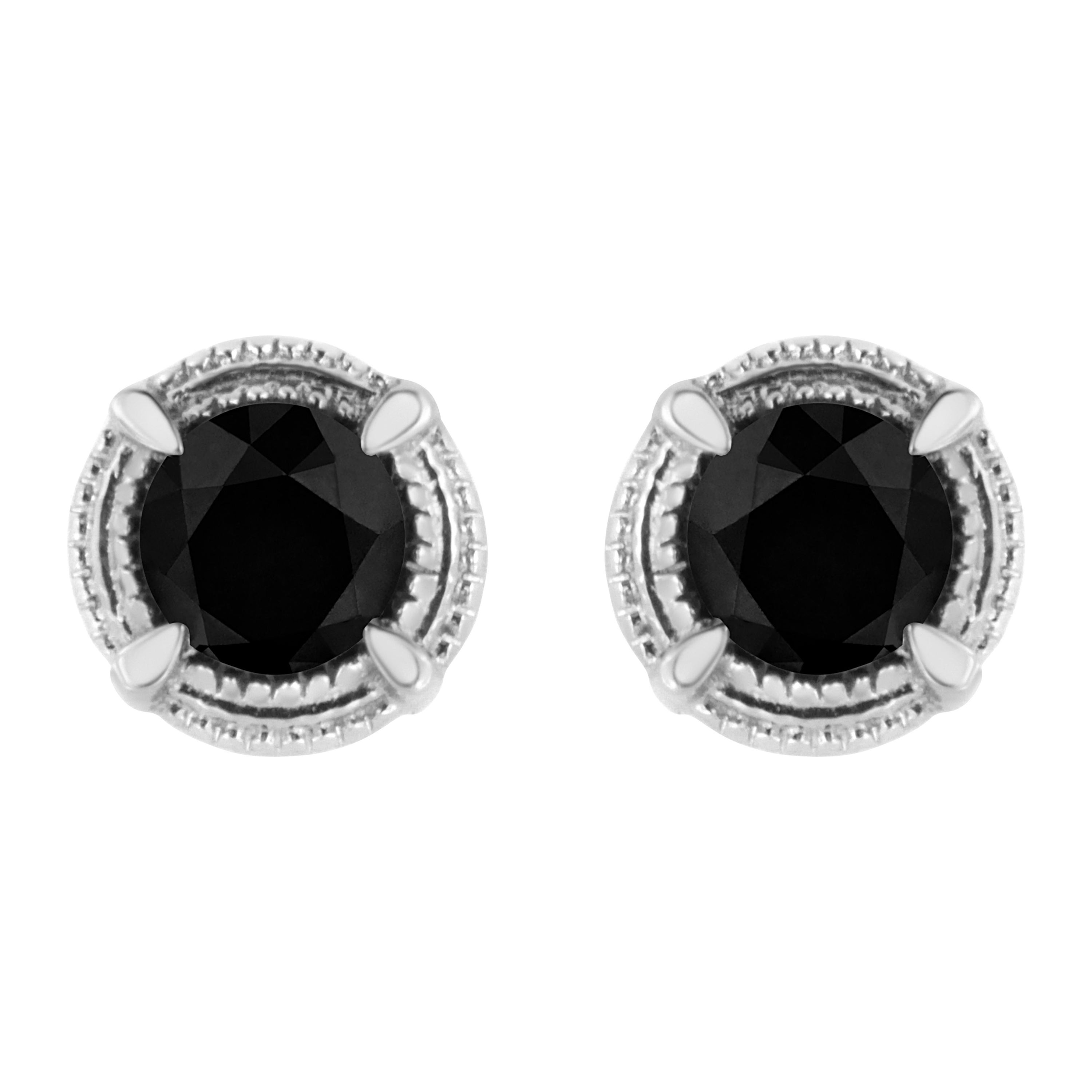 Clous d'oreilles en argent sterling avec diamants noirs traités de 1/2 carat et millegrain de .925 carats