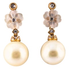 Art Nouveau 0.20 Carat White Diamond Rock Crystal Pearl Yellow Gold Earrings