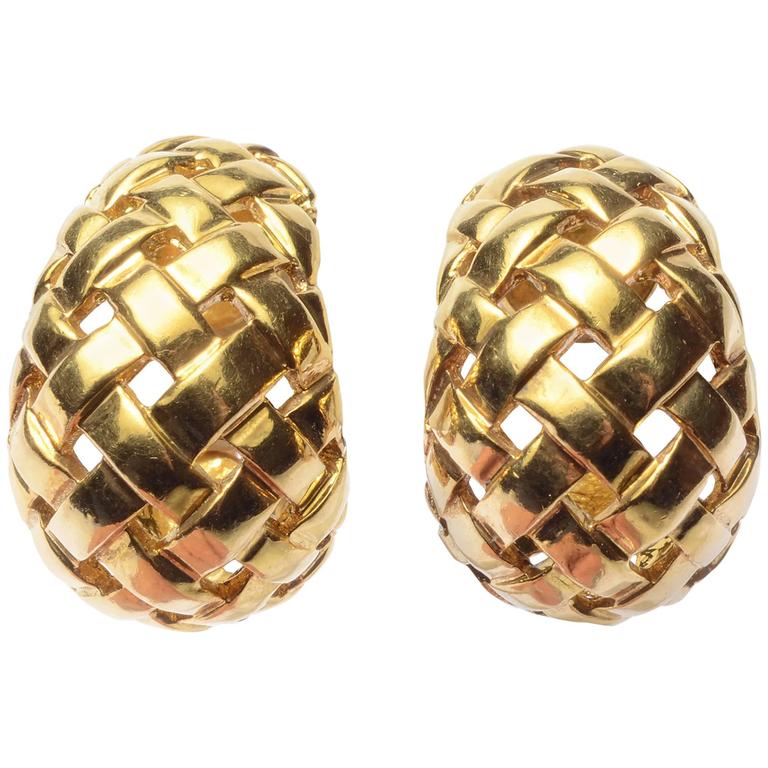 Gold Basketweave Hoop Earrings at 1stDibs