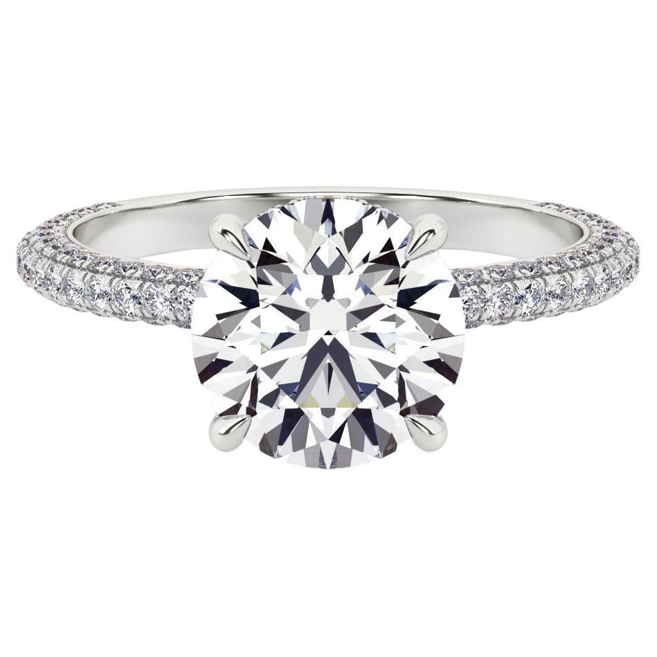 3 Carat Round Diamond Engagement Ring with Custom 3-Sided Pave Setting For Sale