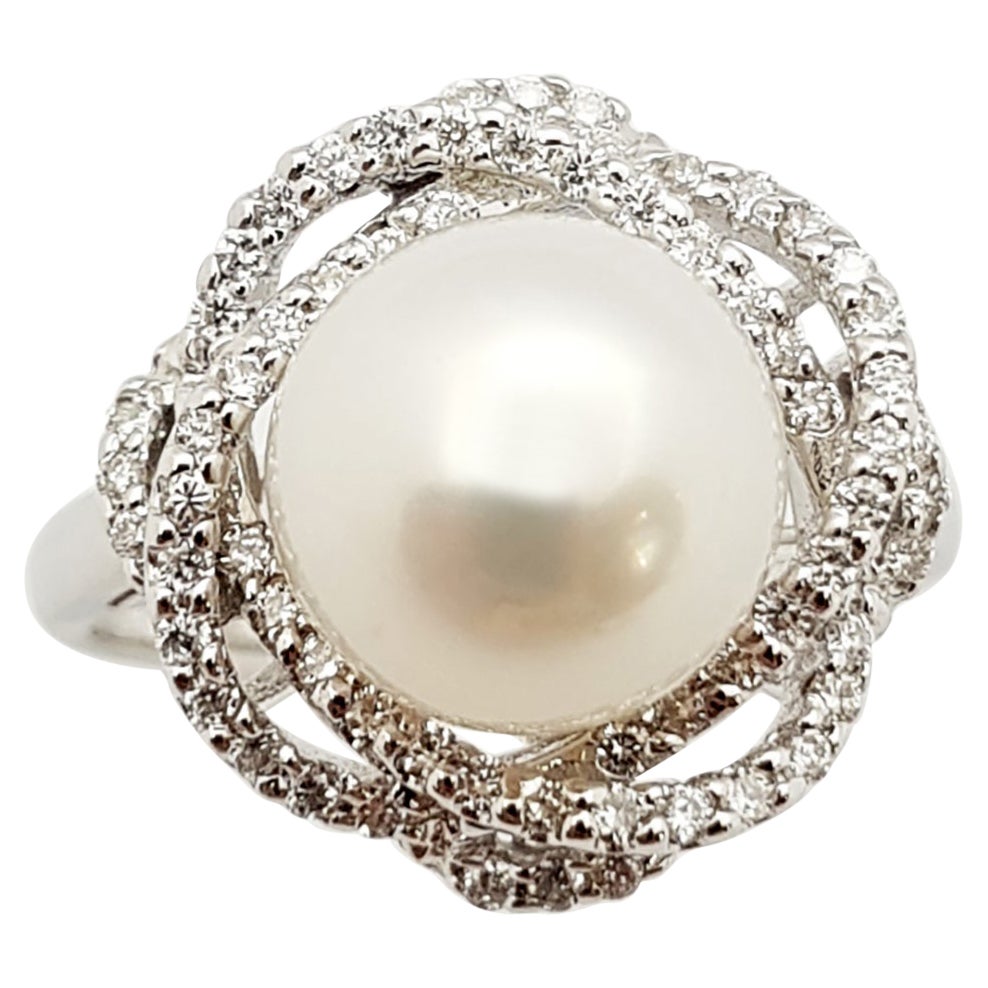 Pearl with Diamond Ring Set in 18 Karat White Gold Settings For Sale