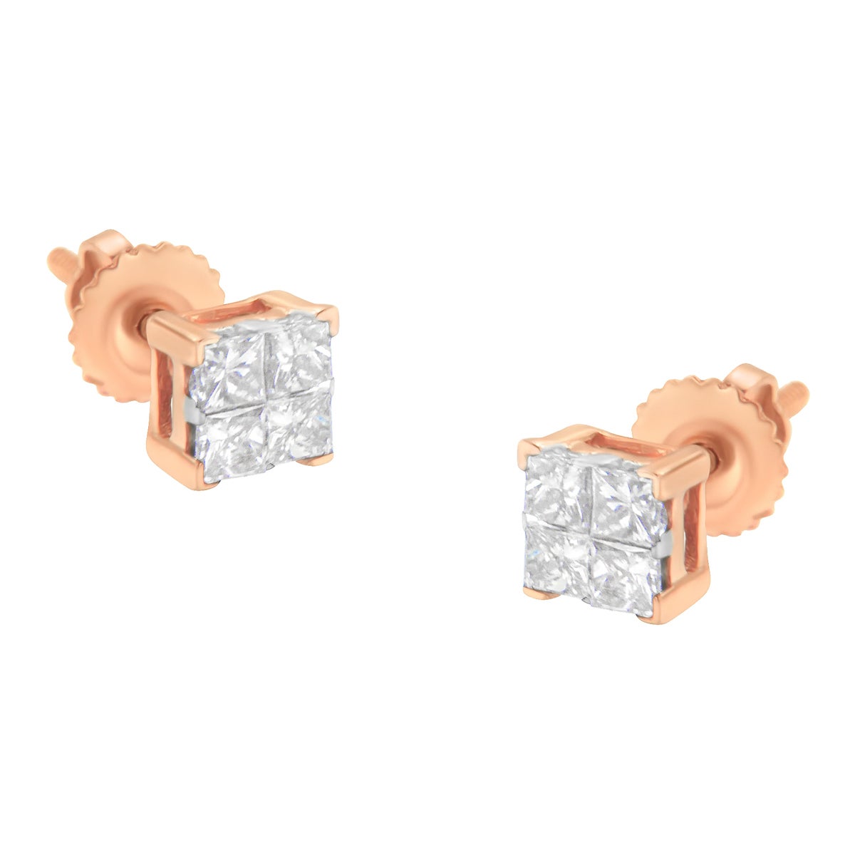 10K Rose Gold 1/2 Carat Princess Diamond Composite Stud Earring For Sale