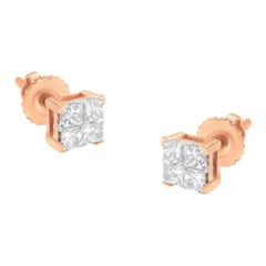 Clous d'oreilles en or rose 10 carats avec composite de diamants princesse de 1/2 carat