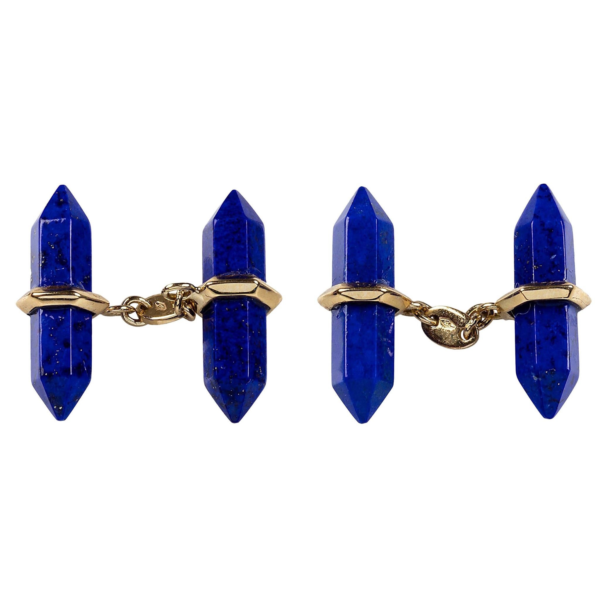 18 Karat Yellow Gold Lapis Lazuli Bar Cufflinks For Sale