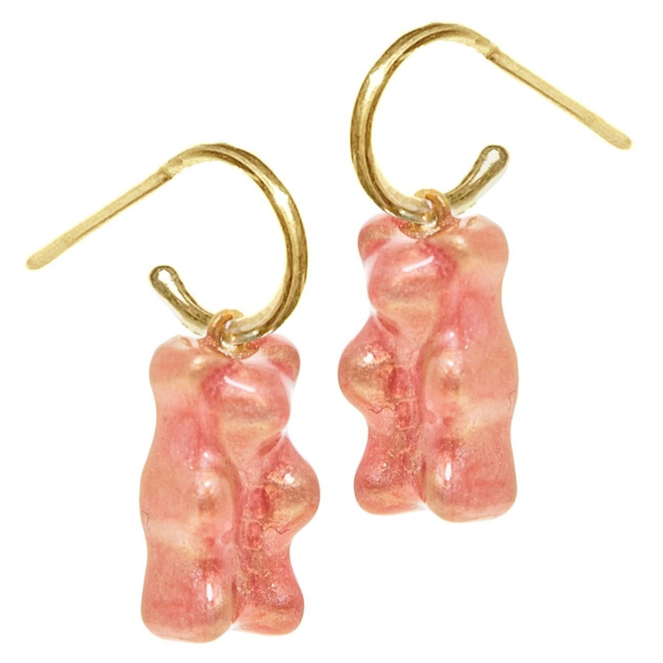 Mini Hoops Earrings Gummy Bears 18 Karat Gold-Plated Silver Pink Enamel Greek  For Sale