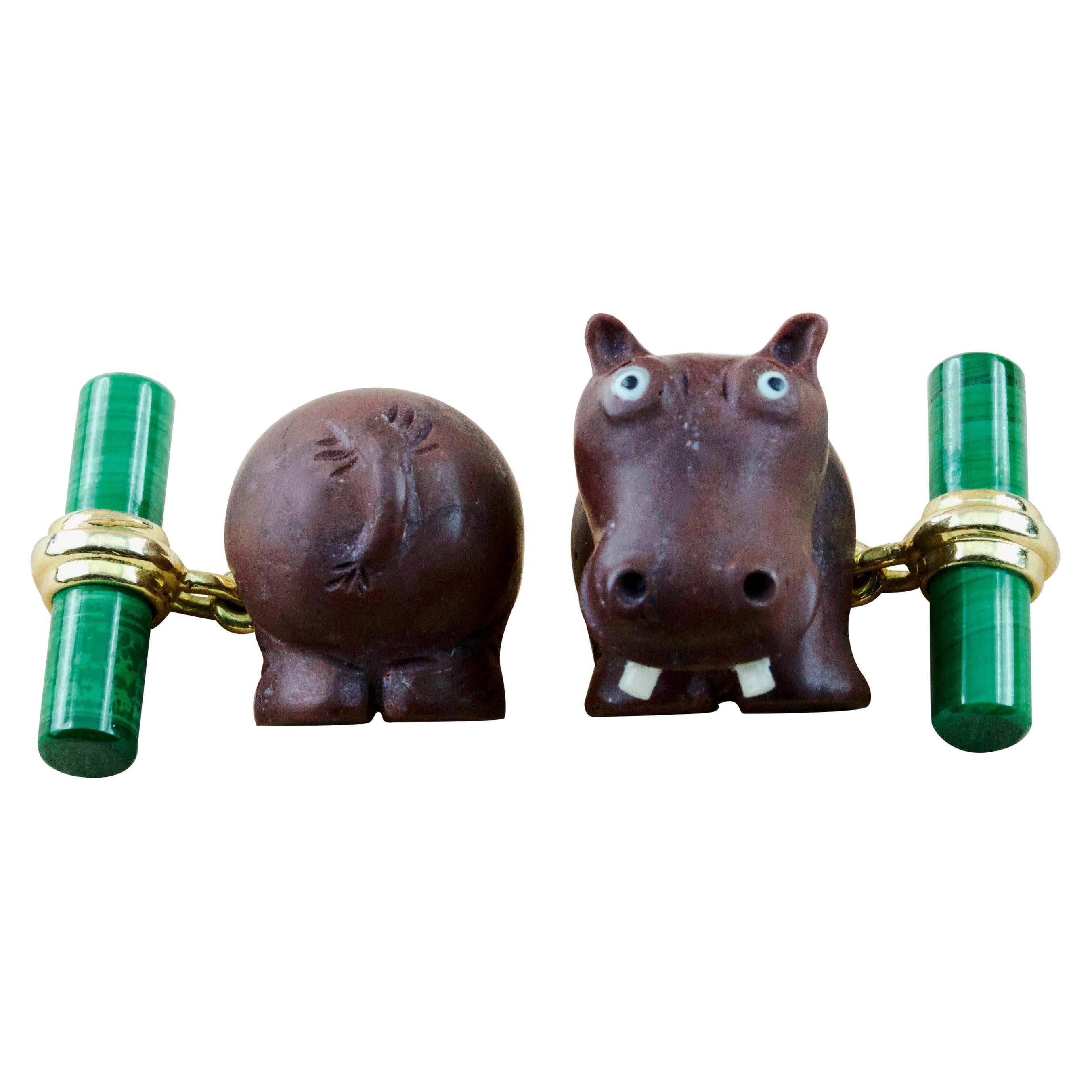 18 Karat Yellow Gold Hippopotamus Jasper Brown and Malachite Cufflinks For Sale