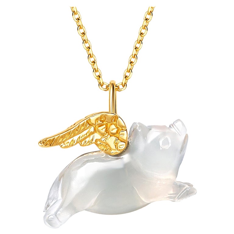 Fei Liu Chalcedony Pig Yellow Gold Wings Necklace Bracelet For Sale