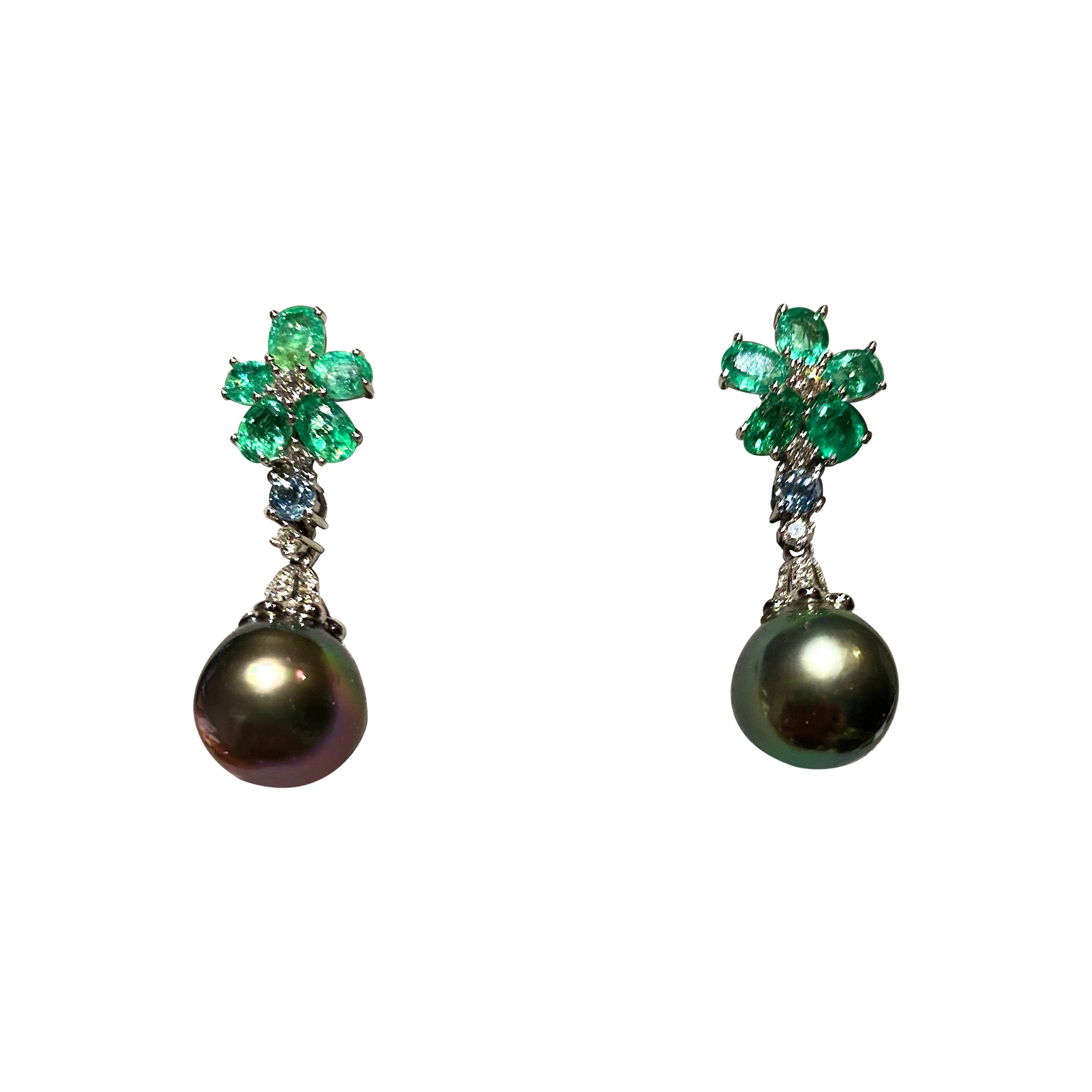 Peacock Colour Tahitian Pearl, Emerald and Diamond Earring in 18k White Gold