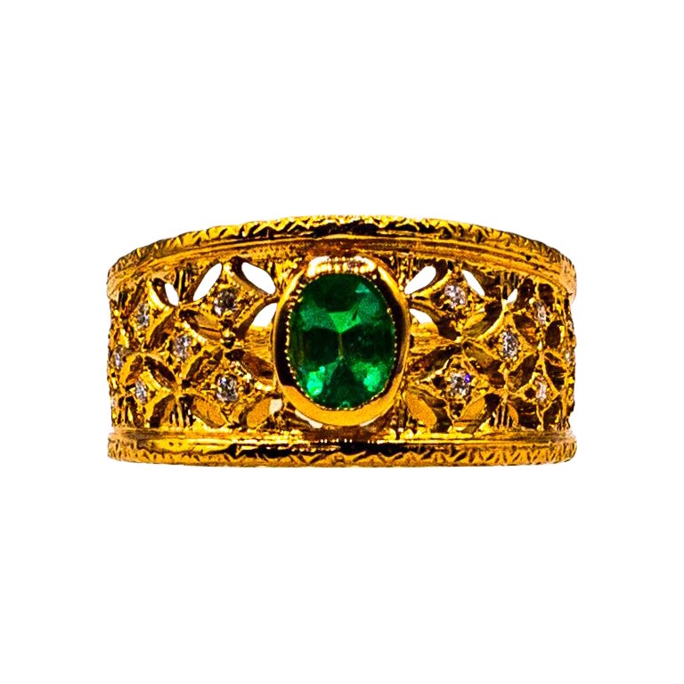 Art Deco Style Oval Cut Emerald White Diamond Yellow Gold Cocktail Ring For Sale