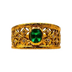 Art Deco Style Oval Cut Emerald White Diamond Yellow Gold Cocktail Ring