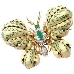 Cartier Enamel Emerald Diamond Gold Butterfly Brooch