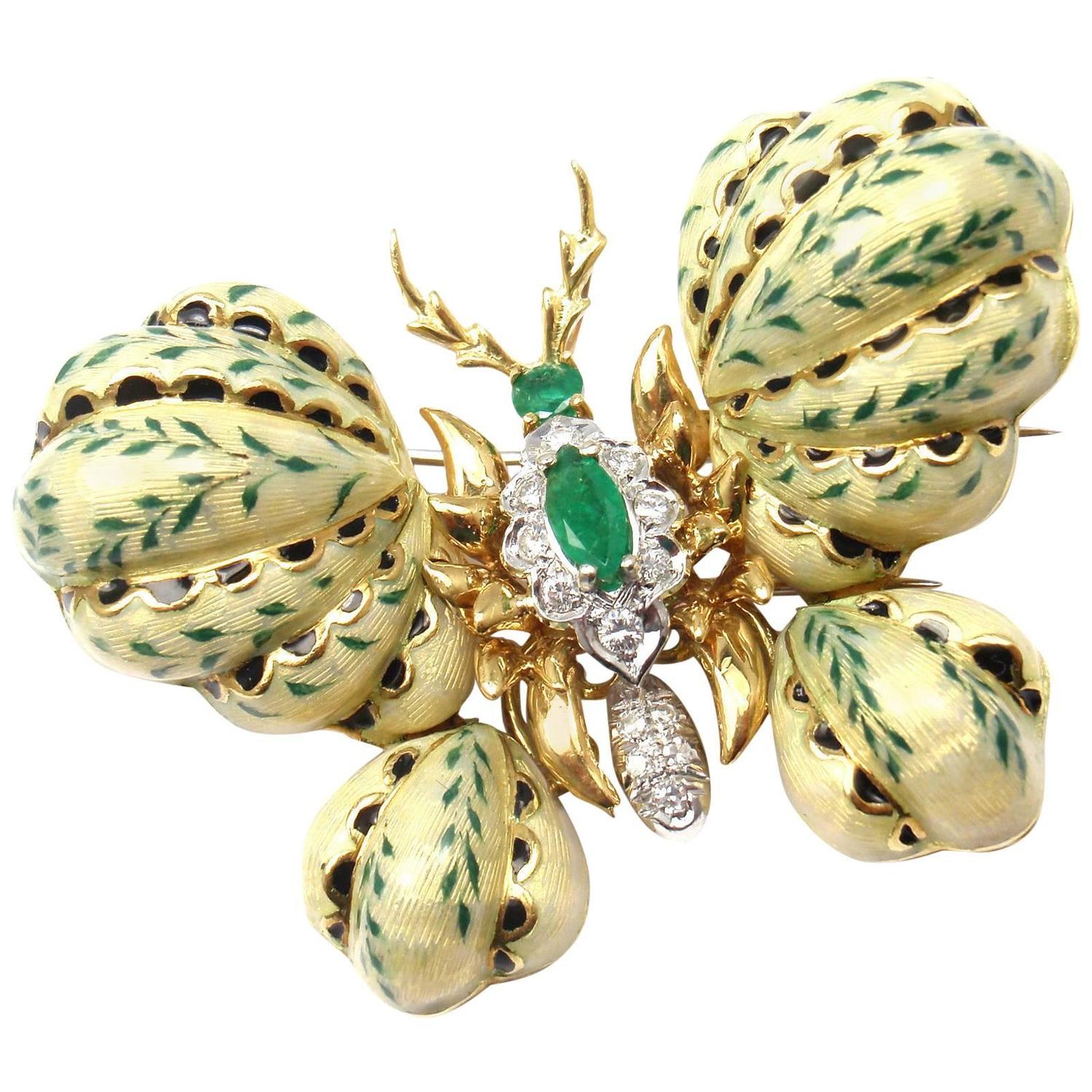 Cartier Enamel Emerald Diamond Gold Butterfly Brooch at 1stdibs
