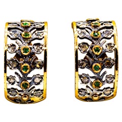 Art Deco Style White Rose Cut Diamond Emerald Yellow Gold Clip-On Earrings