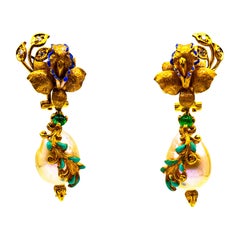 Art Nouveau Style White Diamond Emerald Enamel Pearl Yellow Gold Drop Earrings