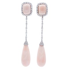Pink Coral, Diamonds, 18 Karat White Gold Dangle Earrings