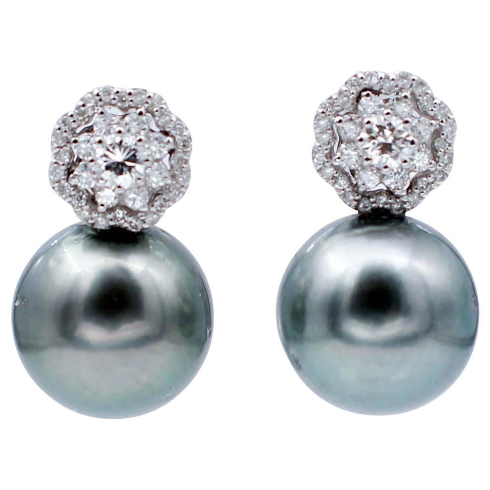 Grey Pearls, Diamonds, 18 Karat White Gold Stud Earrings For Sale