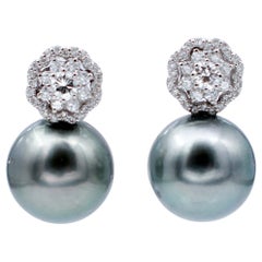 Grey Pearls, Diamonds, 18 Karat White Gold Stud Earrings